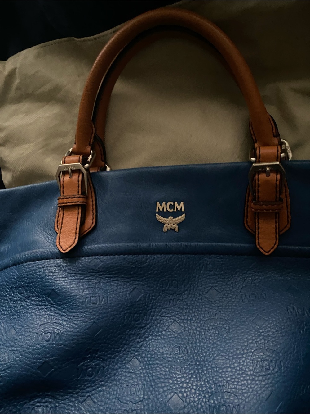 MCM Visetos Logogramme Blue Leather Satchel with Tan Handles and Gold Hardware - Picture 3 of 14